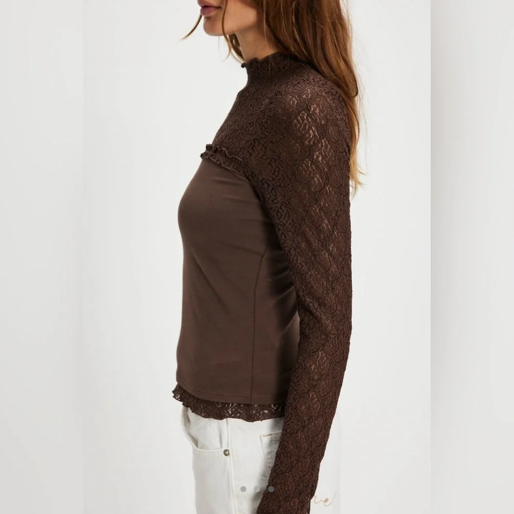 Free People Miya Lace Top in Double Espresso NWT Size XS